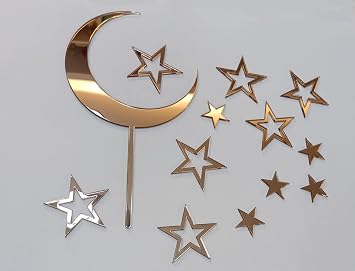Set of 15 Rose Gold Moon and Stars Acrylic Cake Topper Set for Celestial Birthday Wedding Baby Shower Engagement Anniversary