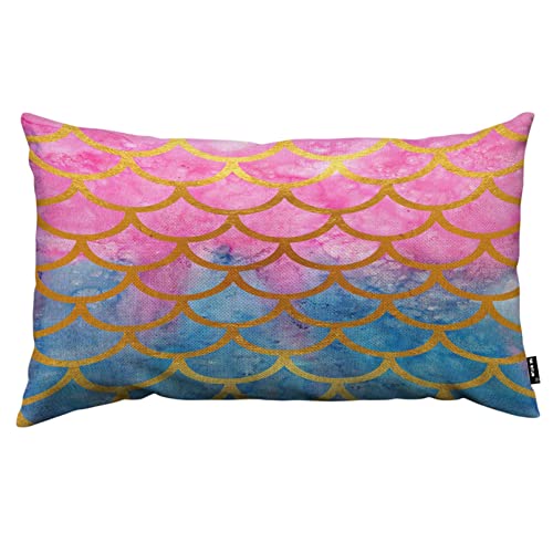 Tks Mitlan Mermaid Scales Decorative Pillow Covers Watercolor Fish Scales Bright Summer Pattern Rustic Linen Throw Pillow Covers 12X20 Inch For Sofa Couch Decoration #TOP18