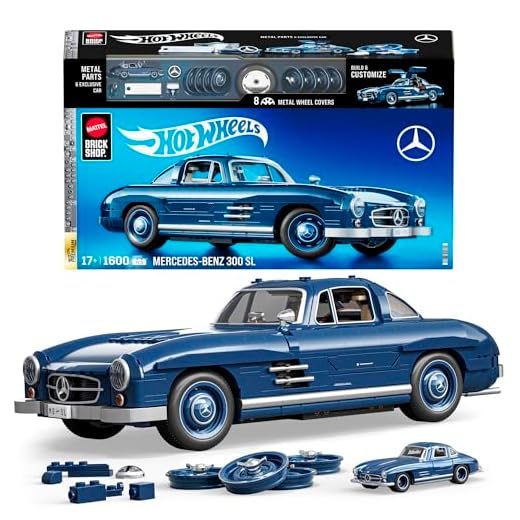 ​Mattel Brick Shop Hot Wheels Serie Premium set da costruire, Mercedes-Benz 300 SL con 1600 pezzi, dettagli realistici e parti in metallo, per collezionisti adulti, HWW25