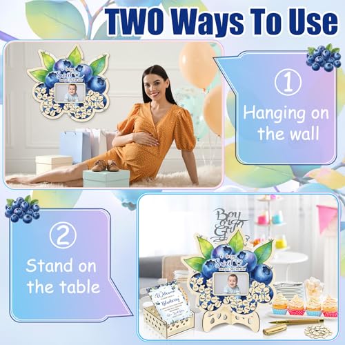 Image of Wenqik 63 Pcs Blueberry a Berry Sweet is on The Way Baby Shower Guest Book Alternatives Set Baby Shower Decorations with Photo Frame Sonogram Frame Keepsake 60 Wood Slices Guest Book for Birthday