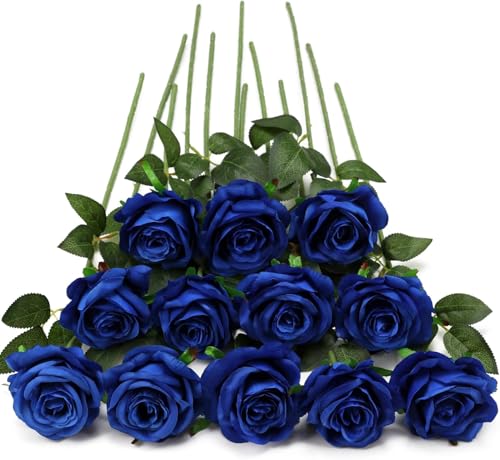 Image of Dekorly Artificial Fake Roses Flowers - 10 Pcs Fake Artificial Roses Silk Flowers with Stems for Home Room Tabletop Wedding Hotel Office Centerpiece Decor | Height 18 Inch (Blue)