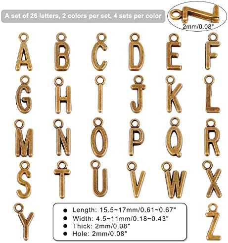 PandaHall 208pcs Alphabet Letter Charms, Alloy Tibetan Style Letter A~Z Pendants Antique Silver Bronze Charms ABC Letter for Jewellery Bracelet Earring Necklace Making DIY Crafting, Hole 2mm