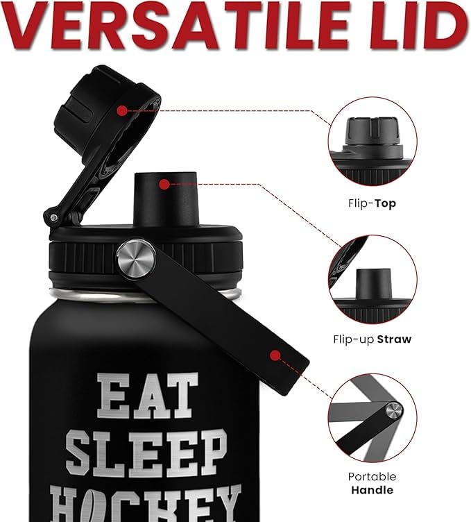 Image of SANDJEST Ice Hockey Insulated Engraved Stainless Steel Water Bottle 32oz, Vacuum Chug Lid Travel Tumbler For Men Friends Hockey Lovers Fans Coaches,Birthday Christmas