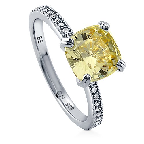 BERRICLE Sterling Silver Solitaire Wedding Engagement Rings 3 Carat Canary Yellow Cushion Cut Cubic Zirconia CZ Ring for Women, Rhodium Plated