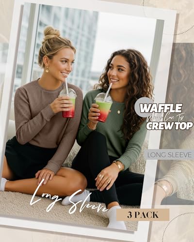 Image of 3 Pack Women's Waffle T-Shirts, 3-Color, Small | Long Sleeve, Waffle, Crew Neck, Slim Fit, Thermal, Stretch, Casual, Warm, Basic, Layer, Soft, Breathable, Lightweight, Trendy