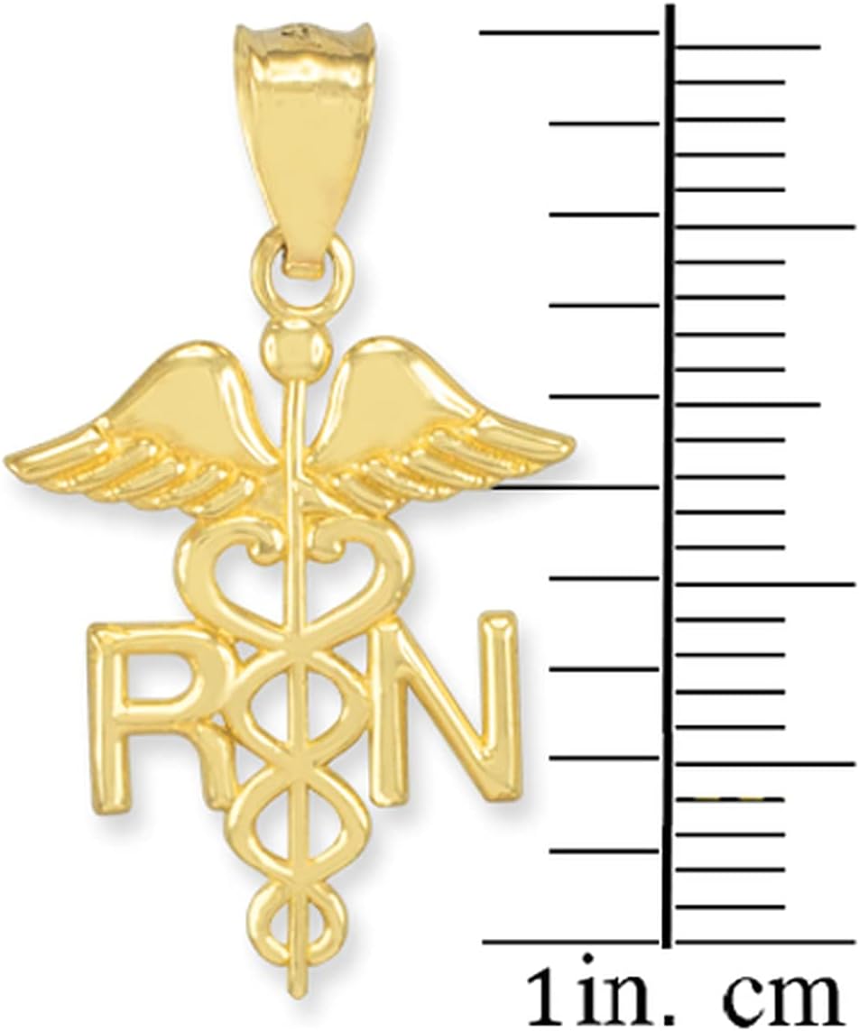 American Heroes Certified 14K Yellow, White, or Rose Gold Caduceus RN Charm Registered Nurse Pendant - Choice of Metal