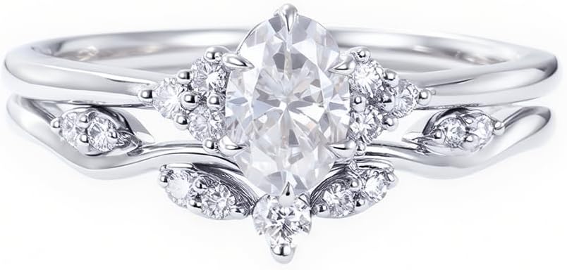 Moissanite Bridal Set for Women 1 CT Oval Cut Moissanite Engagement Ring with Marquise Curved Wedding Band Colorless VVS1 925 Sterling Silver/10K 14K Solid Gold Promise Ring Set Ring Size 4-14