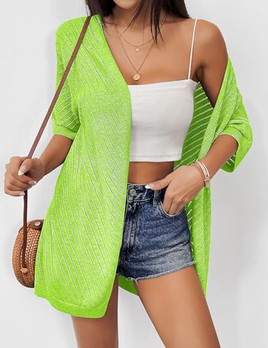 Image of Zeagoo Summer Kimonos for Women 3 /4 Sleeve Open Front Crochet Cardigans V Neck Loose Casual Vacation Outwear Neon Green