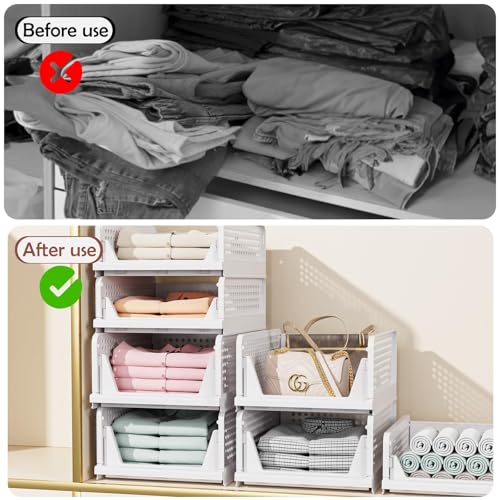 Image of Folding Closet Organizers Storage Box,Stackable Storage Bins,Plastic Drawer Basket Closet-Storage for Wardrobe Cupboard Kitchen Bathroom Office White-5L,(Pack of 15)
