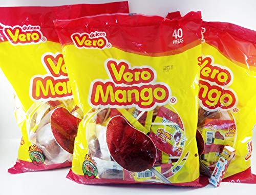Pack Of 3 Vero Mango, Chili Covered Mango Flavored Lollipops, 40 Pieces Authentic Mexican Candy With Free Chocolate Kinder Bar Included Valentine's Day #TOP7