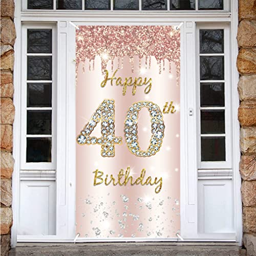 40th Birthday Decoration for Women, Happy 40th Birthday Backdrop Banner Rosegold Fabric Sign Poster, Woman 40th Birthday Door Banner Party Welcome Sign