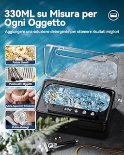 Pulitore Ultrasuoni, Ultrasonic Cleaner da 47KHz, Pulitore Ultrasuoni Apparecchio Denti 330ml Portatile con 3 Modalità da Pulitore Ultrasuoni Gioielli per Occhiali, Gioielli, Protesi Dentarie, Anelli