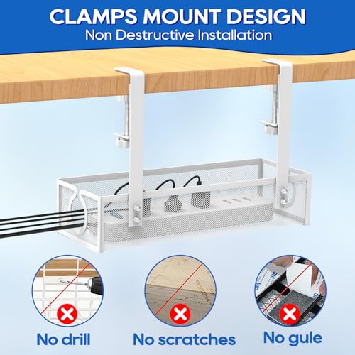 DECOHOME Kabelmanagement unter dem Schreibtisch Bohrfrei Untertisch Kabelmanagement, Kabelkorb zum Verwalten von Kabeln und Steckdosenleisten, Geeignet für Büros, Haus, Internetcafés, Weiß