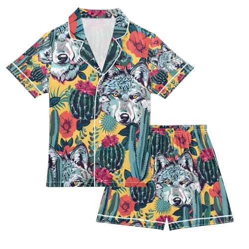 senya Wolfs Face Cacti Bright Colors Satin Summer Pajama Sets Silk Short Sleeve Button Down Sleepwear