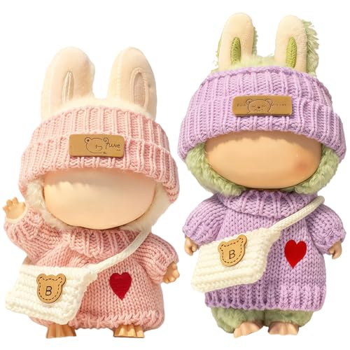(2 Pack) Clothes for LABUBU 17cm Doll 6-Piece Handcrafted Crochet Accessories for LABUBU Premium Outfits for LABUBU Unique Dress up - Heart Sweater + Hat + Bag (Pink & Purple)