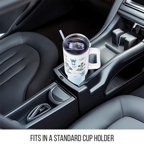 Image of Silver Buffalo Disney Lilo and Stitch Vintage Sketch Palm Trees & Flowers Double Walled Stainless Steel Tumbler with Handle and Straw, Fits in Standard Cup Holder, 40 Ounces (Pack of 12)