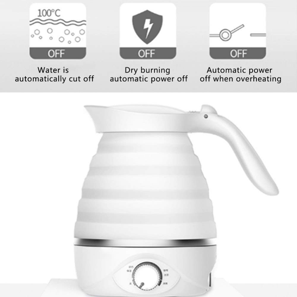 Reise-Wasserkocher Tragbarer, klappbarer Wasserkocher aus lebensmittelechtem Silikon mit Trockengehschutz Tragbarer Dual-Voltage- und abnehmbarem Netzkabel, 0,7 l, 850 W, Kostenlos, Weiß