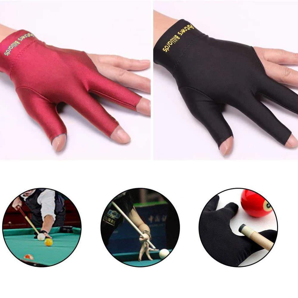 POFET Lot de 4 Gants de Queue de Billard élastiques en Lycra pour Main Gauche 3 Doigts Billard Snooker (Rouge, Bleu, Noir, Gris)