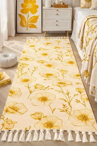 Image of Hand Woven 100% Natural Cotton Export Quality Designer Rug,Carpet, Bed Side Runner for Bedroom,Living Room, Size-2x5 feet. (Gold Flower)