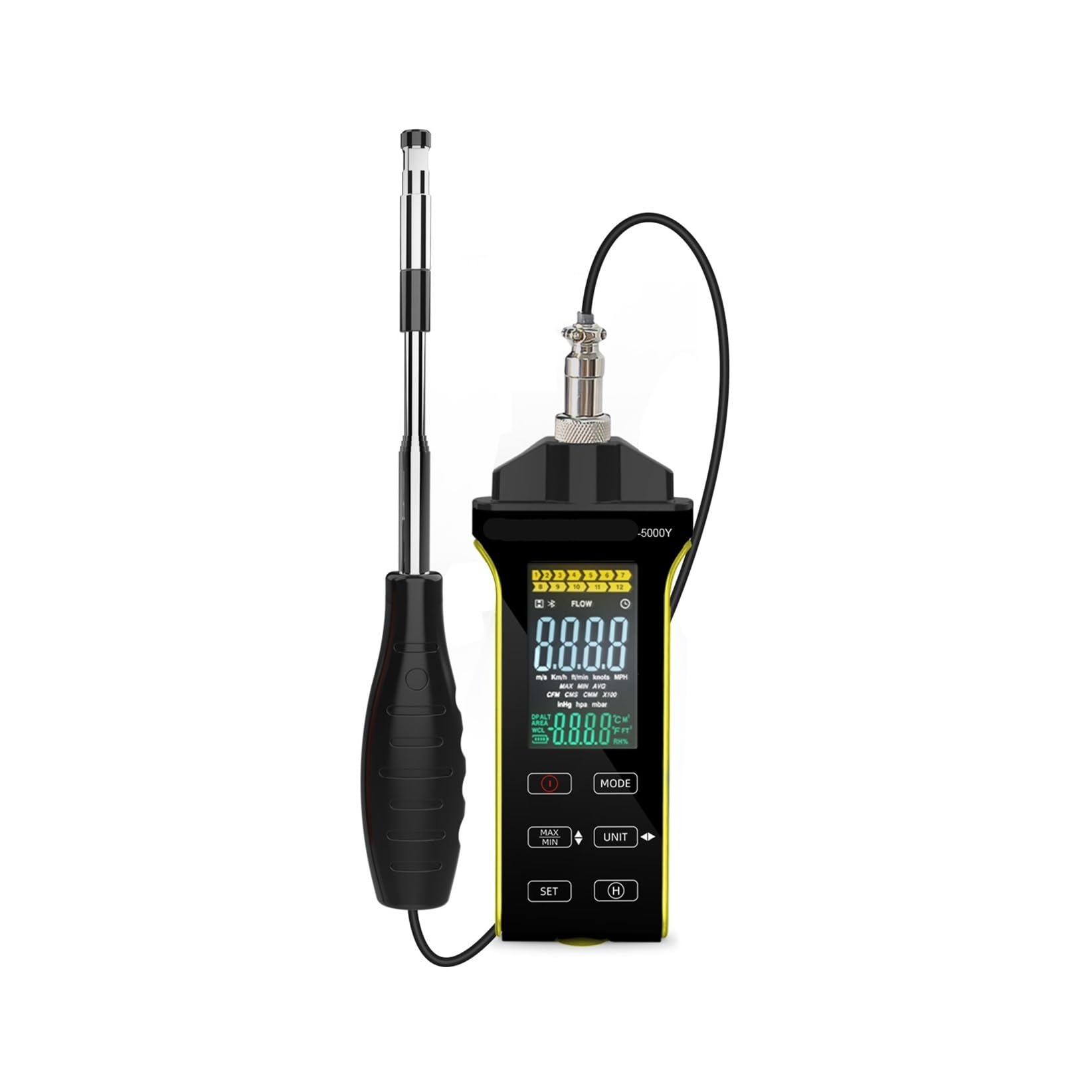 Anemometr termiczny - cyfrowy anemometr z teleskopowym czujnikiem gorącego drutu, który mierzy przepływ powietrza i temperaturę (CFM/CMM). (5000Y)