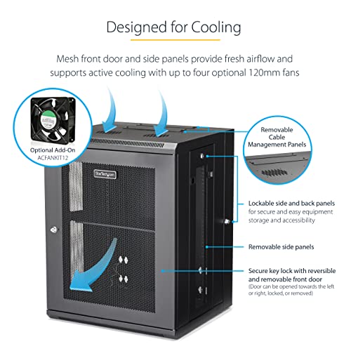 Image of StarTech 15U Wall-Mount Cabinet, 19in, 4-Post, 16in Deep (RK1520WALHM) | Hinged enclosed locking server rack kit for IT data equipment, Adjustable depth 2.4-16in, SPCC steel, Assembled
