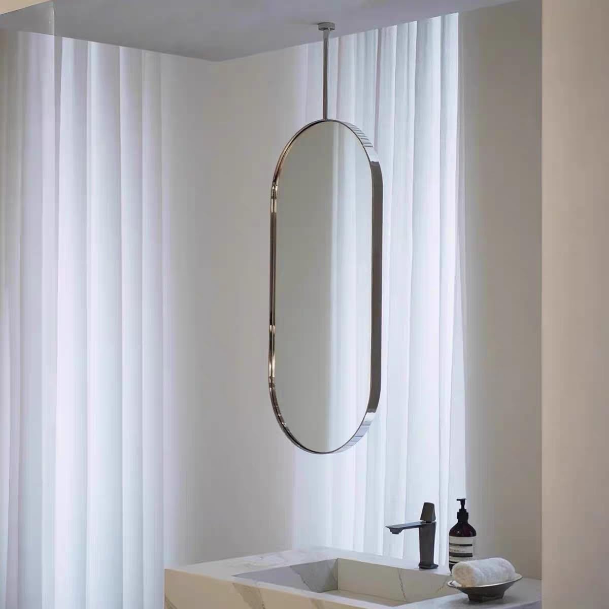 Espejo suspendido de Techo Ovalado, Espejo de baño de Pasillo suspendido montado en la Pared, Acero Inoxidable Cepillado, Espejo de Maquillaje de tocador for Entrada de Hotel(50x70cm)
