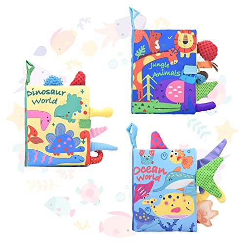 JIELISI Soft Baby Cloth Books, 3 PCS Nontoxic Fabric Soft Books for Babies Touch and Feel Crinkle Tail Books Baby Books Toys Infants & Toddler Early Development Interactive Toys, Boy Girl Unisex Gift