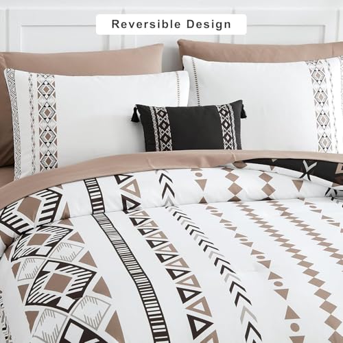 Image of Geniospin Super King Plus Size Comforter Set- 7 Pieces Boho Bed in a Bag, Western Bedding Set for All Seasons, Reversible Aztec Bedding, Lightweight Comforter Bed Set with Sheets, Pillowcases & Shams