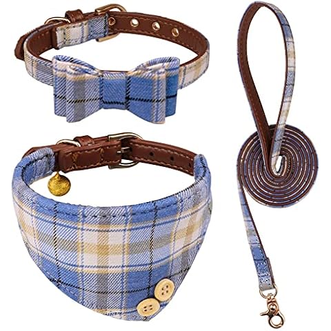 3 PCS Puppy Collar and Leash Set Dog Collars for Small Dogs Dog Bow Tie with Bell Puppy Bandana Leather Dog Collar for Small Dogs Puppies and Cats(Blue) Cover