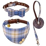 3 PCS Puppy Collar and Leash Set Dog Collars for Small Dogs Dog Bow Tie with Bell Puppy Bandana Leather Dog Collar for Small Dogs Puppies and Cats(Blue)