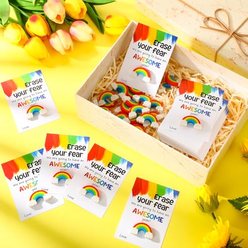 Spakon 50 Sets Back to School Gifts for Students Rainbow Erasers Eraser Your Fear Motivational Greeting Cards Inspirational First Day Student Gifts Back to School Supplies - Image 7