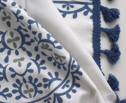 Image of Tranquebar Curtain Co. 100% Cotton, Moroccan Tasseled Geometric Print, Room Darkening Curtains for Door (with Back Tabs) - 7 Feet, Daira: Blue, 1 Piece (Length 213 cm)