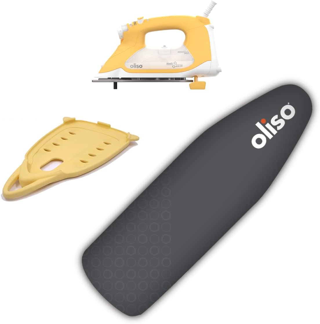 Oliso TG1600 Pro Plus 1800 Watt SmartIron with Auto Lift (Yellow) & Oliso Solemate Silicon Iron Soleplate Protector (Yellow) & Ironing Board Cover (Gray)