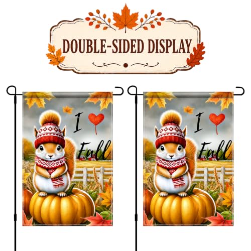Image of BlissYard I Love Fall Garden Flag Squirrel Pumpkin Decor 12x18 Inch | Double sided polyester, I Love Fall squirrel artwork, cozy woodland charm for Thanksgiving porch and yard displays