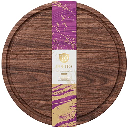 Dofira Large Round Walnut Wood Cutting Board With Juice Groove For Kitchen, Circular Charcuterie Board, Serving Tray, Cheese Board For Double-Sided Use 12.5 X 0.8 Inches (Gift Box Included) #TOP25