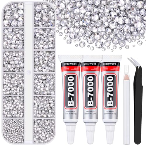 6000Pcs Resin Rhinestones for Bedazzling with 3Pcs B7000 Jewelry Glue, 1 Box Clear Flatback Rhinestones for Crafting Crafts DIY, Crystals Gems for Clothing Shoes Tumblers Nail Art Makeup