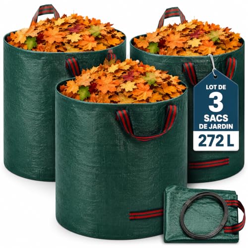 3 Sacs à Déchets de Jardin Robustes 272L - Lot de 3 - Sacs Jardinage Réutilisables avec Poignées - Pliables Résistants Tissu Industriel pour Feuilles...
