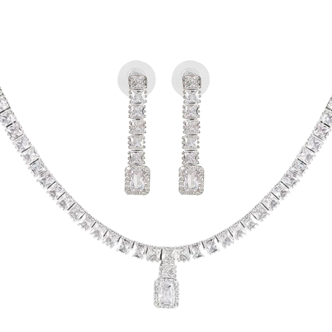 Jewellity Clear Stone And Silver American Diamond/AD Designer Three Layer Necklace With Earrings Set For Girls/Women NSA-773 (B0CTMBBNH9) Amazon Price History, Amazon Price Tracker