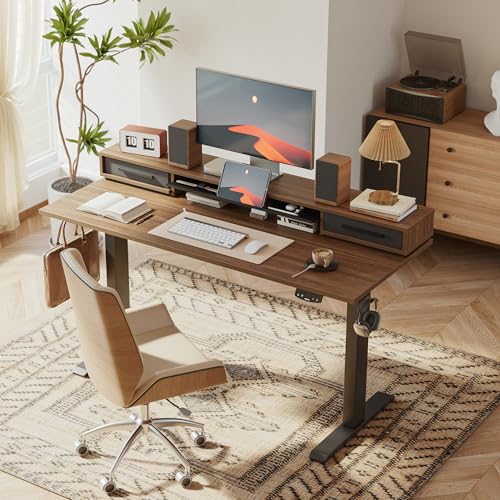 Image of Agilestic 63 Inch L Shaped Electric Standing Desk with Shelf, Height Adjustable Large Desk with Power Outlets & LED, Corner Sit Stand Up Table with Monitor Stand, Computer Workstation, Vintage