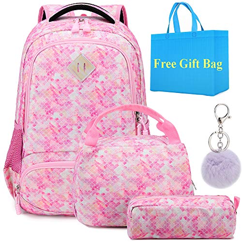 Sac à Dos Filles Sets de Sacs Scolaires pour Enfants Cartable Primaire 3 en 1 Glitter Backpack Set avec Sac à Lunch + Trousse,Sac à Dos Femme pour L'école,Loisirs,Voyage(Rose)