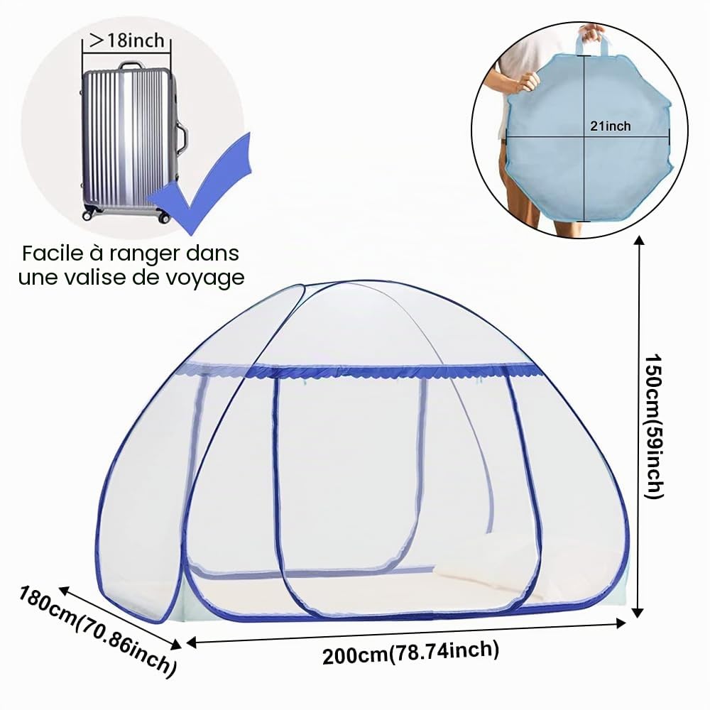 Moustiquaire de Lit Pliable, Portable de Voyage Moustiquaire 180 x 200 x 150 cm, Double Porte Camping Mosquito Rideau, Pop-up Moustiquaires avec Entrée Surdimensionnée, moustiquaires de Voyage