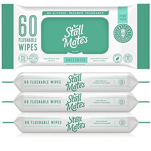 Stall Mates: 60-Wipe Home Pack: Flushable and Hypoallergenic Moist Wipes Made in the USA. Fragrance and Alcohol Free. Aloe, Cucumber, Chamomile. (4 Pack - 240 Wipes Total) Stall Mates: 60-Wipe Home Pack: Flushable and Hypoallergenic Moist Wipes Made in the USA. Fragrance and Alcohol Free. Aloe, Cucumber, Chamomile. (4 Pack - 240 Wipes Total)