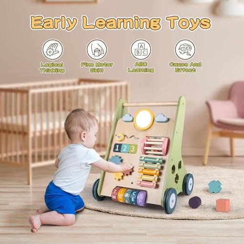 LOL-FUN Wooden Baby Walker for 1 2 Year Olds, Toddlers Push Along Walkers with Blocks, 10in1 Multiple Learning Walking Toys Activity Center for Boys Girls Gift Age 12 Months - Image 3