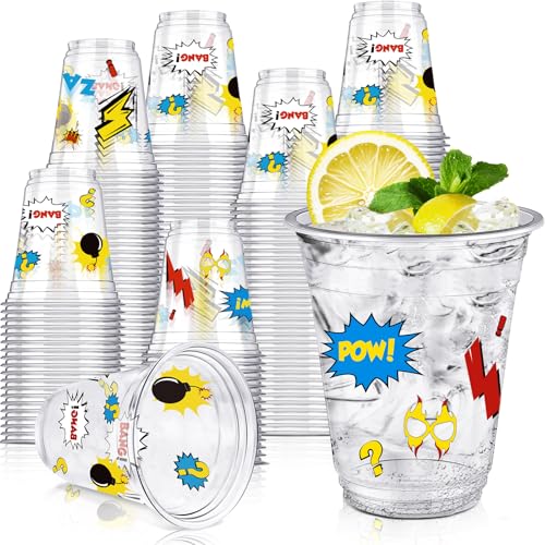 Uiifan 50 Pcs Hero Themed Party Decorations Cups Bulk Hero Birthday Party Supplies 12 oz Disposable Clear Plastic Cups Themed Decorations for Fun Hot Cold Drinking Boom Birthday Favor