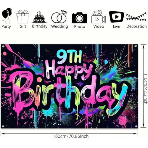 Image of HOMETITUTE Neon 9th Happy Birthday Banner 71x43 Inch Paint Splatter Glow in The Dark Party Backdrop Colorful Wall Decor for Kids Boys Girls Ninth Birthday Celebrations Photo Booth Props Event