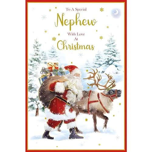Paper Rose Christmas Card for Nephew - Father Christmas and Reindeer - Foil Finish - Artistic Christmas Greeting Card for a Special Nephew - For Him
