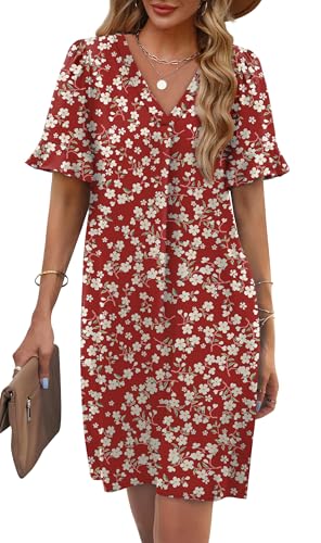 Image of OFEEFAN Summer Dresses for Women Ruffle Short Sleeve V Neck Casual Shift Dress with Pockets