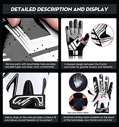 Rid Chen Football Gloves Adult Football Receiver Gloves,Tacky Grip Skin Tight Adult Football Gloves And Enhanced Performance Football Gloves For Adult And Kids (White, M-L Youth) #TOP1