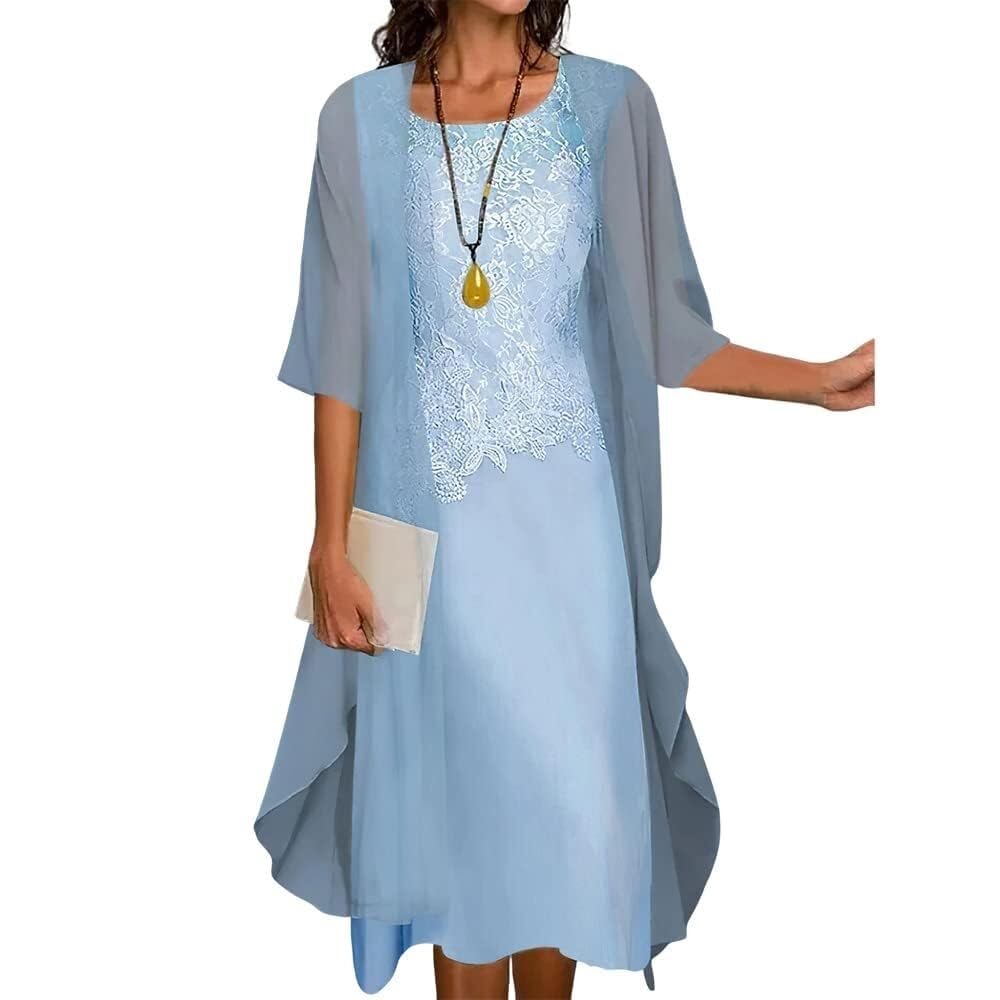 SOMOU Two-Piece Set Maxi Dress for Womens Flowy Chiffon Cardigan Wedding Guest Floral Print Midi Dresses with Lace Jacket, XX-Large, Light Blue