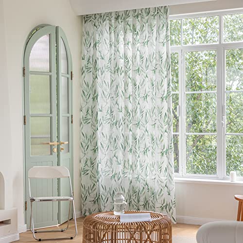 Suouo Linen Textured Semi-Sheer White Curtains For Living Room Print Green Leaves Bamboo Design Light Filtering Window Drapes Set For Bedroom Dining 52 X 84 Inch Length 2Panels Rod Pocket #TOP2